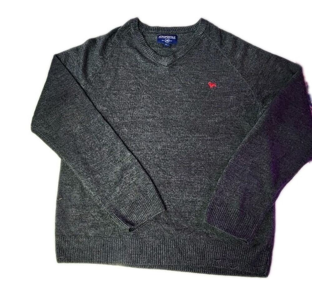Aeropostale Men's V-Neck Sweater Long Sleeve Logo Gray Heather Size XL